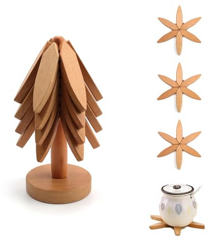 YFaith Wooden Coasters Set of 4 Wooden Trivet Tree Pot Coasters, Trivets for Hot Pans, Automatic Shrinking, with Storage Holder, for Plates, Cups, Pots