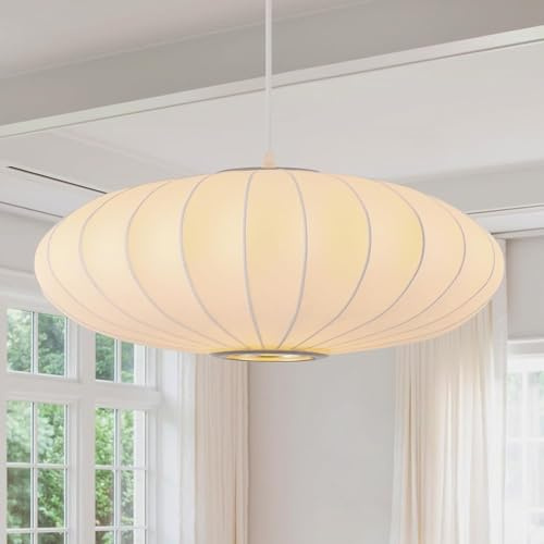 CNMKLM Laterne Pendelleuchte, Weiß, 40cm | Lampenschirm aus Seidenimitat, Wabi-Sabi Boho-Stil, Höhenverstellbar, Für Wohnzimmer Esszimmer Küche Schlafzimmer
