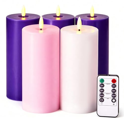 Velsyn Pillar Advent Candles Set of 5, Battery Operated Advent Candle Set with Remote and Timer, 3x6 Pink and Purple Pillar Candle Set, Flameless Advent Candles for Advent Wreath Pillar Candle Holder