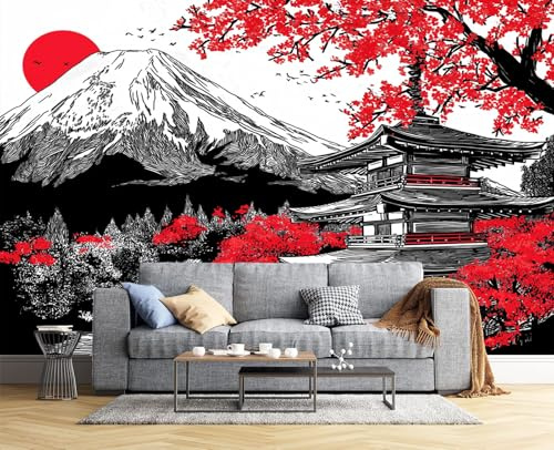 Fototapete, 350X256Cm Herbst Berg Fuji Wandtapete Xxl Seide Tapeten Japanische Landschaft 3D Effekt Wallpaper Wandbilder Wanddeko Für Wohnzimmer Schlafzimmer, Schwarz Weiß