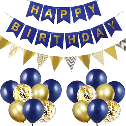 Luftballons Geburtstag Dekoration Set, Marineblau Gold Geburtstagsdeko Set mit Luftballons Konfetti Ballons Dreiecksflaggen Girlanden(NB+GD+SJQ)