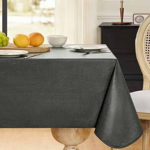 FIBORIA Wachstischdecke Tischdecke 140x180 Wachstuch Anthrazit Abwaschbar PVC Wasserdicht Leinenoptik Tischdecken Gartentisch Wetterfest für Frühling,Weihnachten,Outdoor,Garten,Hochzeit,Grill,Party