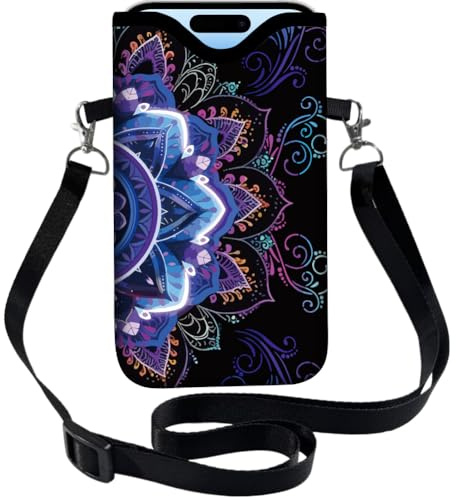 PRESSINART Floral Phone Pouch Neoprene Cell Phone Sleeve Purple Nylon Waterproof Cellphone Bag Case with Crossbody Strap Neck Lanyard Protective Carrying Cover Fits Most Smartphones 7.1 x 3.9 Inch