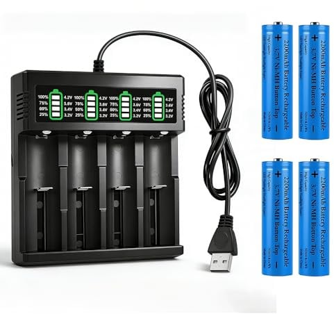 NAVESO 4 Stück 3 7V Akku,2200mah Akkus Wiederaufladbarer mit Ladegerät mit Vier Schächten,3 7 Volt Akku Batterie für Mikrofone RC Taschenlampen Türklingel Kamera Lüfter (B)