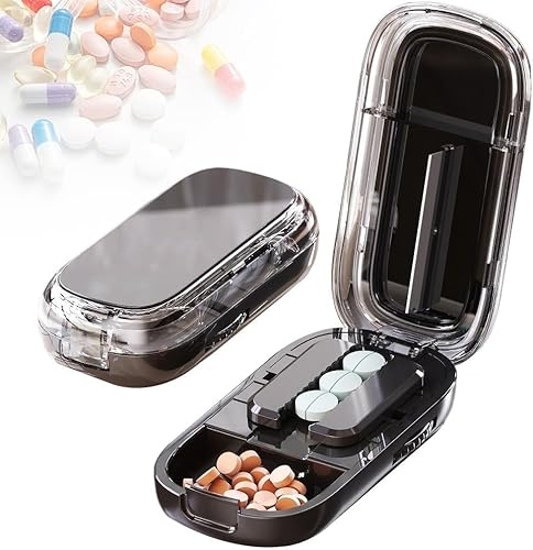 2026 Upgradierter Tragbarer Tabletten Teiler mit Aufbewahrung, Präziser 2-in-1 Pillen-Schneider für Große, Kleine & Mini-Tabletten – Ideal für Reise, Handtasche & Haushalt (Schwarz-1/2)
