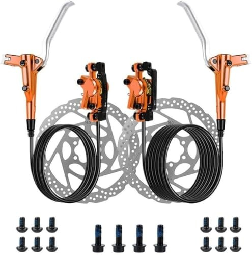 Hydraulisches Scheibenbremsset, Aluminiumlegierung Benbremse Fahrrad,Hydraulik Bremsen Set,Hydraulisch Scheibenbremse, 800 mm hinten, 1400 mm Bremsleitung und 160 mm Bremsrotoren für MTB (Orange)