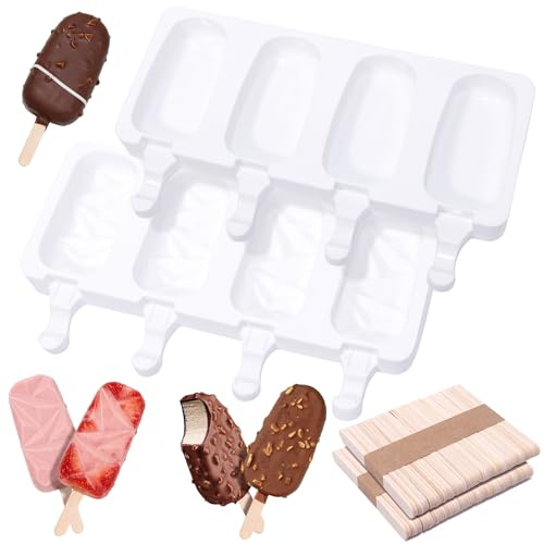8 Löcher Eisformen Eis Am Stiel Eisformen Silikon mit 100 Holzstielen | Einfach zu Bedienen und Reinigen Bpa Frei Eis Am Stiel Formen Silikon Diy-Dessertformen für Kinder und Erwachsene