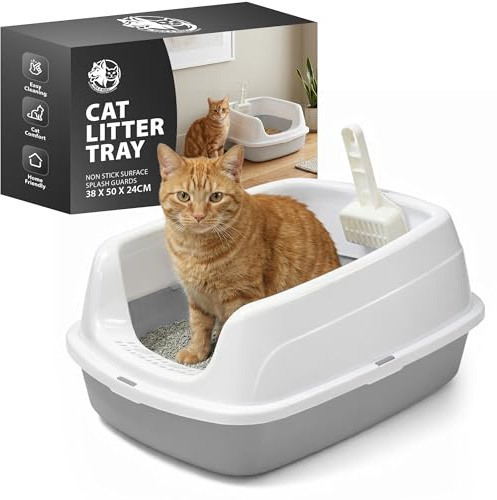 Rex & Roxy Cat Litter Tray | Litter Tray With Scoop | Cat Littering Box | Kitten Littering Trays With Open Top, Large Trays With Detachable Rim, Non Stick Surface, Splash Guards | 50x38x24cm (Grey)