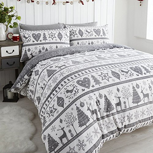 Noel Quilt Duvet Cover 2 Pillowcase Bedding Bed Set Christmas Trees, Grey, 3pcs, King