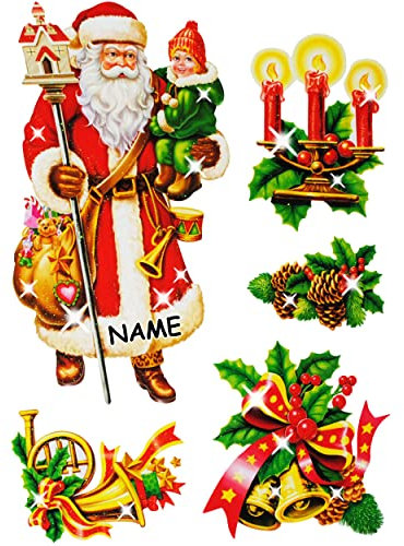 alles-meine.de GmbH 2 versch. Bögen: Fensterbilder - nostalgische Weihnachten mit Glitzer Effekt - incl. Name - statisch haftend - Weihnachtsmann/Christbaumkugeln/Nußknac..