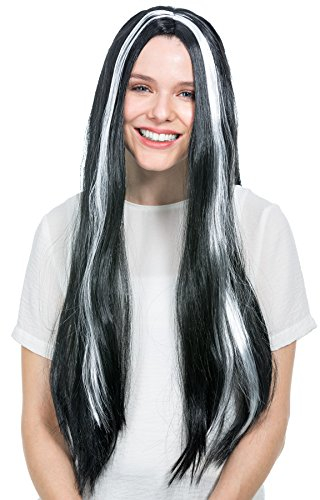 dressforfun Perücke Langhaar mit Strähnen | 65 cm | Halloween Fasching Hexe Vampir Gothic | -Diverse Farben- (Schwarz/Weiß | Nr. 300732)