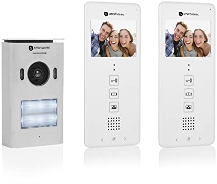 Smartwares DIC-22122 Video Türgegensprechanlage, für 2 Wohneinheiten, LCD-Monitor, Türöffnerfunktion, Nachtsicht, Verstellbare Kamera, 2-Draht-Technik, Silber, 3, 5 Zoll, 8, 9 cm