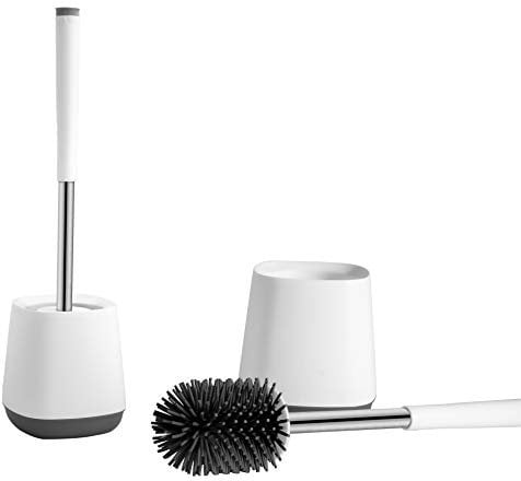 Toilet Brush with Drainage Holder Set,Flex Silicone Anti-Clog Anti-Drip Brush Head, White/Grey Colour with Stainless Steel Handle, 2-Pack
