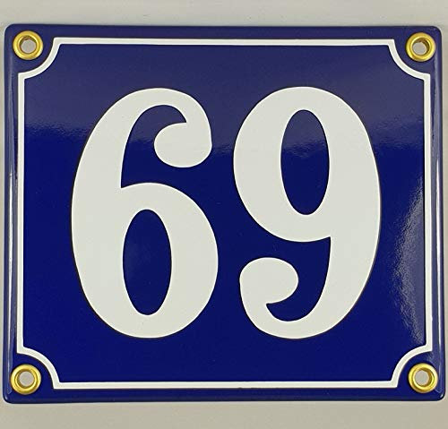 Numero civico smaltato targhetta n. 69 blu bianco