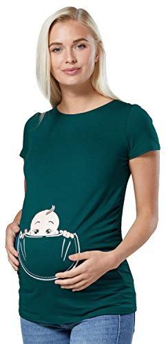 HAPPY MAMA. Femme Chemise Top Grossesse Humour imprimé bébé dans la Poche. 501p (Vert Bouteille, 42-44, XL)