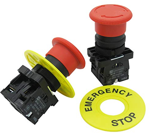 mxuteuk 2Stück 22mm Roter Pilz Not-Aus-Druckschalter 1NC 1NO Not-Aus-Schalter 10A 660V Notausschalter Druckschalter Schalter mit 60mm Not-Aus-Zeichen,HB2-ES545