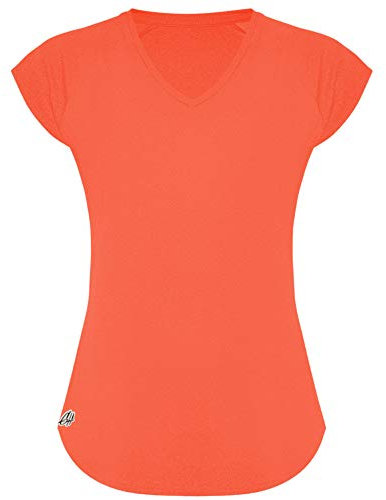 GO HEAVY Damen Fitness Funktions Sport T-Shirt Laufshirt Kurzarm Schnelltrocknend Yoga Sportoberteil | Neon Koralle L