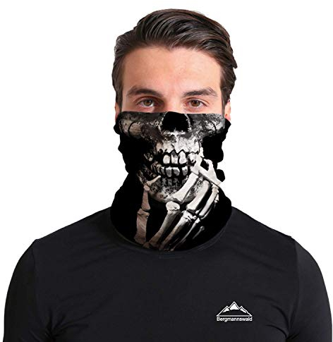 Bergmannswald® umgenähtes Multifunktionstuch - atmungsaktiv und flexibel - Ideal zum Sport, Reisen oder Motorradfahren (Rauchender Totenkopf, 1er Pack)
