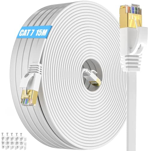 Cable Ethernet 15 Metros, Cat 7 Cable de Red Exterior FTP Blindado Cable Rj45 Plano Lan Cable Network 15m Cable Wifi Gigabit Blanco 10000Mbps 600MHz Alta Velocidad Cable Internet para Enrutador Módem