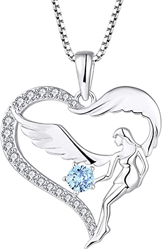 FJ Herz Schutzengel Halskette Damen 925 Sterling Silber Engelsflügel Kette Anhänger Aquamarin März Geburtsstein Halskette Schmuck Geschenke für Frauen Mädchen