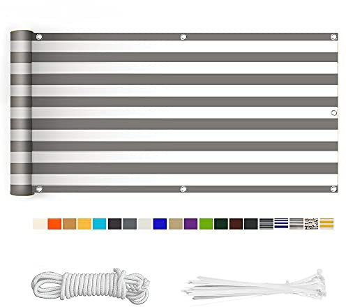 HERILIOS Balkon Sichtschutz, Balkonabdeckung 220 g/m² Innen Balkonverkleidung UV-Schutz (210Größen&21Farben) mit Ösen Kabelbinder und Kordel für Balkongeländer Terrasse,90X300CM Grau-weiß gestreift