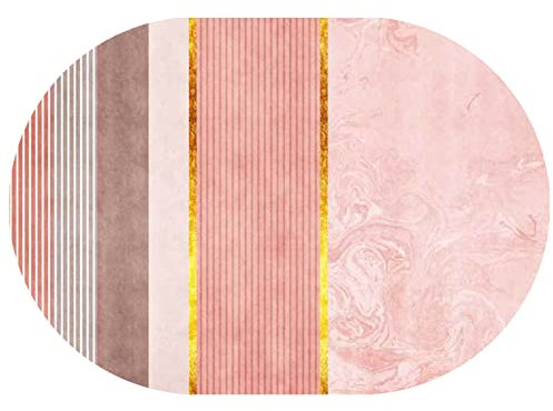 Rururug Teppich Oval Moderner Läufer Orientteppich Kurzflor Flur Schlafzimmer Küche Wohnzimmer rutschfest Waschbar,rosa Streifen, goldene Linien,Oval 80 x 150 cm