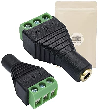 Adaptout 2X Bornier Mini Jack Femelle Domino Stereo 3,5 mm Audio HiFi 3 Voies minijack sans Soudure Plaque Or 18k