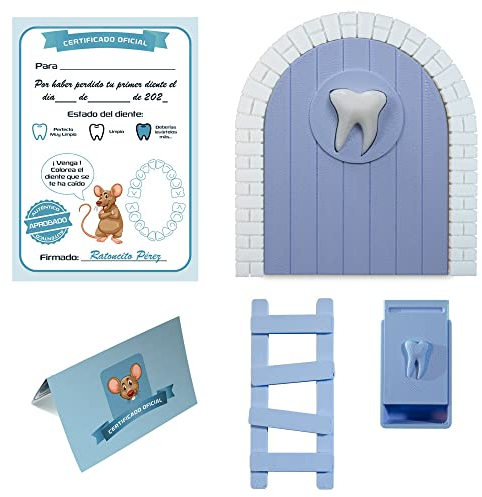 Myfuturshop® Puerta infantil para dejar dientes de leche al Ratoncito Perez. Regalo Original para niño y niña. contiene Caja para los dientes, Escalera y 4 certificados de Diente Limpio. (Azul)
