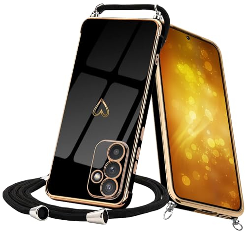 Keteen Handyband Hülle für Samsung Galaxy A54 5G Handyhülle mit Band Cute Herz Muster Galvanisierte Slim Silikon mit Abnehmbar Kordel Stossfest Cover Necklace Handyhülle für Samsung A54 5G, Schwarz