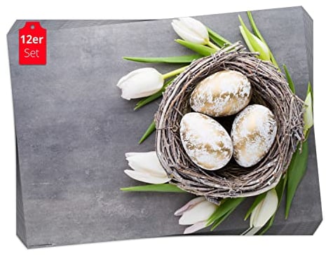 Tischset, Platzset - Osternest mit weißen Tulpen - 12 Stück Made in Germany, 44x32cm aus speziellem Naturpapier in Aufbewahrungsmappe – die besondere Tischdeko für Frühling, Ostern & Blumen