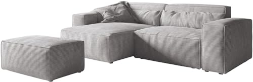 DELIFE Eckcouch Sirpio XL Cord Silbergrau 270x170 cm Recamiere variabel mit Hocker