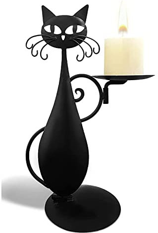 VLANIS Schwarze Katze Kerzenständer aus Metall,Windlicht Kerzenständer Metall Schwarz Kerzenhalter Groß Oval Schwarze Dekoration Deko Deko Windlichter aus Draht,A