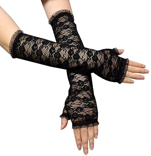 Handschuhe Damen Winter Lange Fingerlose Spitzenhandschuhe für Damen, Ellenbogenlange Brauthandschuhe, Lange Spitzen-Blumenhandschuhe für die Hochzeit, Oper, Fingerlose (2-Black, One Size)