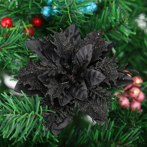 SYSUII 20 Stück Weihnachten Glitzer Weihnachtsstern Blumen 14cm Künstliche Poinsettia Blumen Weihnachtsdekoration Christbaumschmuck Blumen für Weihnachtskranz Weihnachtsbaum Ornaments -Schwarz