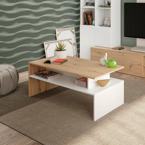 Dmora - Couchtisch Vail, Niedriger Tisch, 100x50h43 cm, Eichenknoten und glänzendes Weiß
