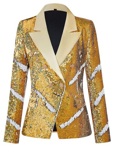 CARFFIV Damen Mode Zweireihige Bankett Party Urlaub Pailletten Langarm Jacken,White+Gold01,XL