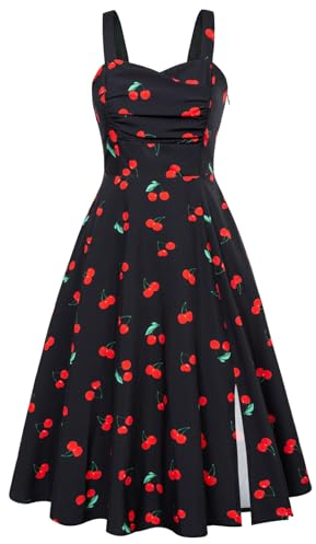 Damen Spaghetti Kleid Midi Blumenkleid A-Linie Partykleid Cocktailkleid Sommerkleid mit Schlitz Schwarz L