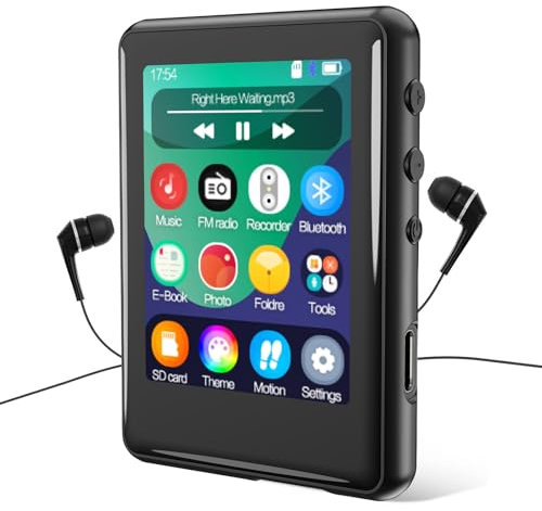 MP3 Player with Bluetooth 5.3, tokemisc 16GB Full Touchscreen Kids Portable Music Device with Speaker, FM Radio, E-Book, Built-in Micro SD Card Slot, Earphones Included, Max 256GB Espa