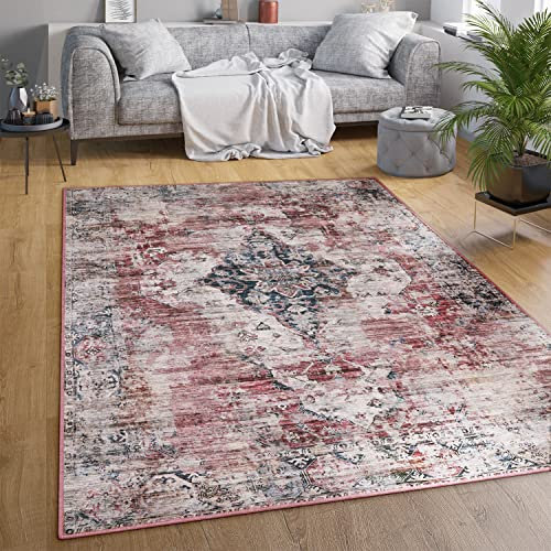 Paco Home Waschbarer Teppich Wohnzimmer Schlafzimmer Vintage Muster Flachgewebe Modern Orientalisch Ornament Pastell, Grösse:240x340 cm, Farbe:Rot