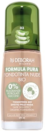 Deborah Milano Foundation Formula Pure Nude BIO, Nr. 03 Beige, mit Vitamin C und Aloe Vera, SPF 20, flüssige Textur mit mittlerer Deckkraft, für einen gleichmäßigen, strahlenden und samtigen Teint