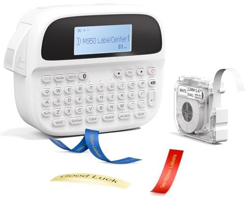 Etikettiergerät Selbstklebend, Beschriftungsgerät Selbstklebend Bluetooth, Tragbarer Etikettendrucker mit ABC Tastatur mit Papieretiketten, M950 Label Maker mit iOS Android,Für Zuhause Büro,Weiß