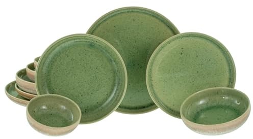 CreaTable, 23716, Serie Uno Romana Grün, 12-teiliges Geschirrset für 4 Personen, Teller Set aus Steinzeug, spülmaschinen- und mikrowellengeeignet, Made in Portugal