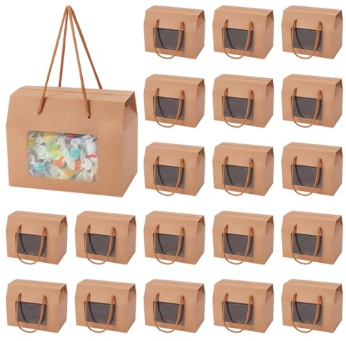 BENECREAT 20 Packungen Kraftpapier-Stand-Up-Geschenkbox-Taschen, 15x9x12cm BurlyWood Box Mit Transparentem Fenster Und Griff Für Verpackung, Verkauf, Party, Geschenke