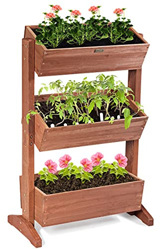 HOMASIS Plate-Bande Surélevée Jardinière en Bois à 3 Étages, Jardinière Surélevée Verticale Amovibles Hauteur et Inclinaison Ajustable,Escalier de Fleurs avec Trous de Drainage Intérieur et Extérieur