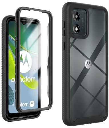 GOKEN Coque pour Motorola Moto E13, Étui avec Protection 360 Degrés, Film Protecteur Intégré, Housse Armor Bumper Antichoc, en Silicone Cadre et Dos Transparent en PC Dur -Noir