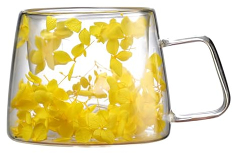 Generisch Klarer Becher mit Blumen, Doppelwandige Glastasse Mit Getrockneten Blumen, 200ml Thermogläser Doppelwandig Kaffee Gläser, Teegläser Doppelwandig Mit Grif, Einzigartige Geschenke