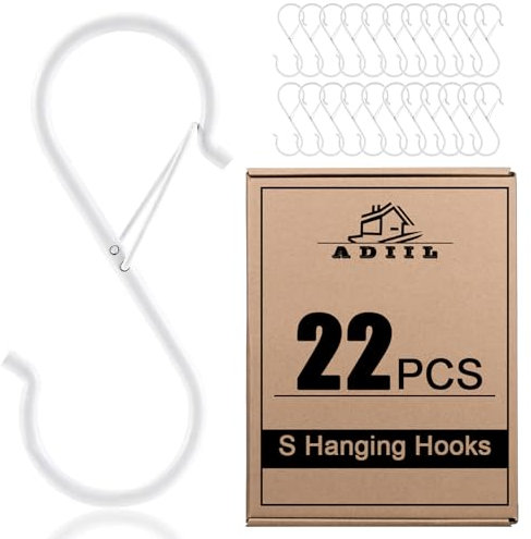 ADIIL 22 Pcs S Hooks for Hanging with Safety Buckle, Heavy Duty Metal S Shaped Closet Hooks for Hanging Plants, Kitchen Utensils, Jeans, Bags, Pots, 3.75 Inch, White