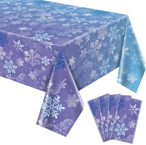4 Stück Winter Schneeflocken Tischdecken, 220x130cm blau und lila Schneeflocken Tischdecke Winter Wonderland Geburtstag Kulisse Dekorationen für Mädchen Prinzessin Party Weihnachten Winterurlaub Party
