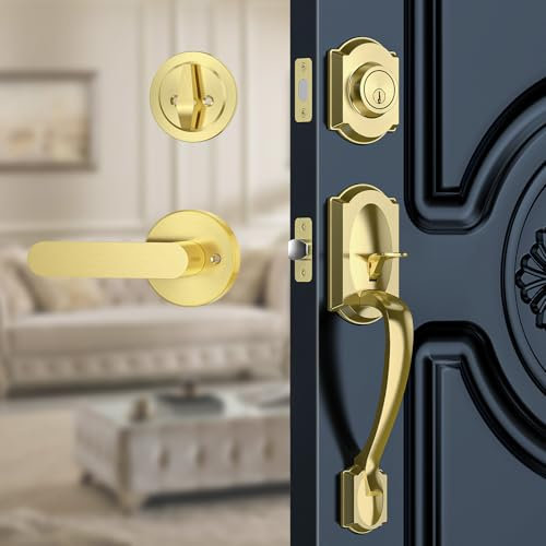 Calzibeno Front Door Lock Set, Gold Front Door Handle and Deadbolt Set, Vintage Exterior Door Lock Set, Door Handle Exterior Reversible for Right&Left Door