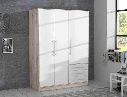 Drehtürenschrank >Jupiter< 3 Türen, 3 Schübe, Sandeiche Dekor/Weiss - 144,6x200x60cm (BxHxT)